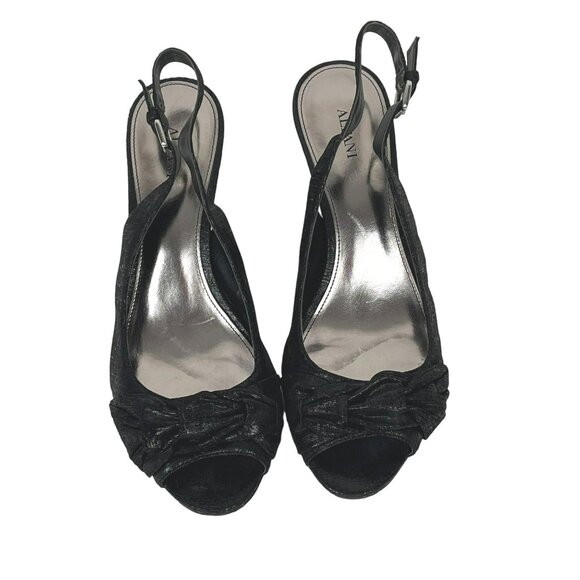 Alfani Raina Black Leather Slingbacks Peep-Toe Wedge Heel Sz. 9.5 - Picture 2 of 8